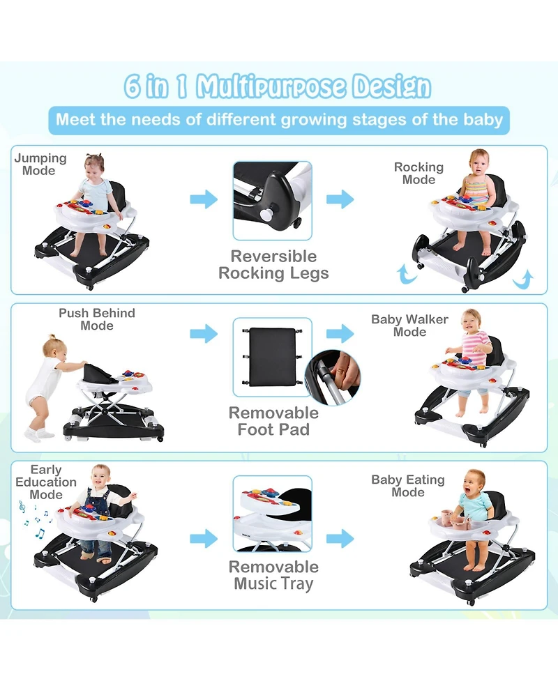 Slickblue Toddler Baby Walker 6-in-1 Foldable Design with Adjustable Height Support