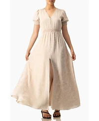 Ivonne Women's Jacquard Satin Button-Front Maxi Dress with Puff Sleeve and Smocked Waist