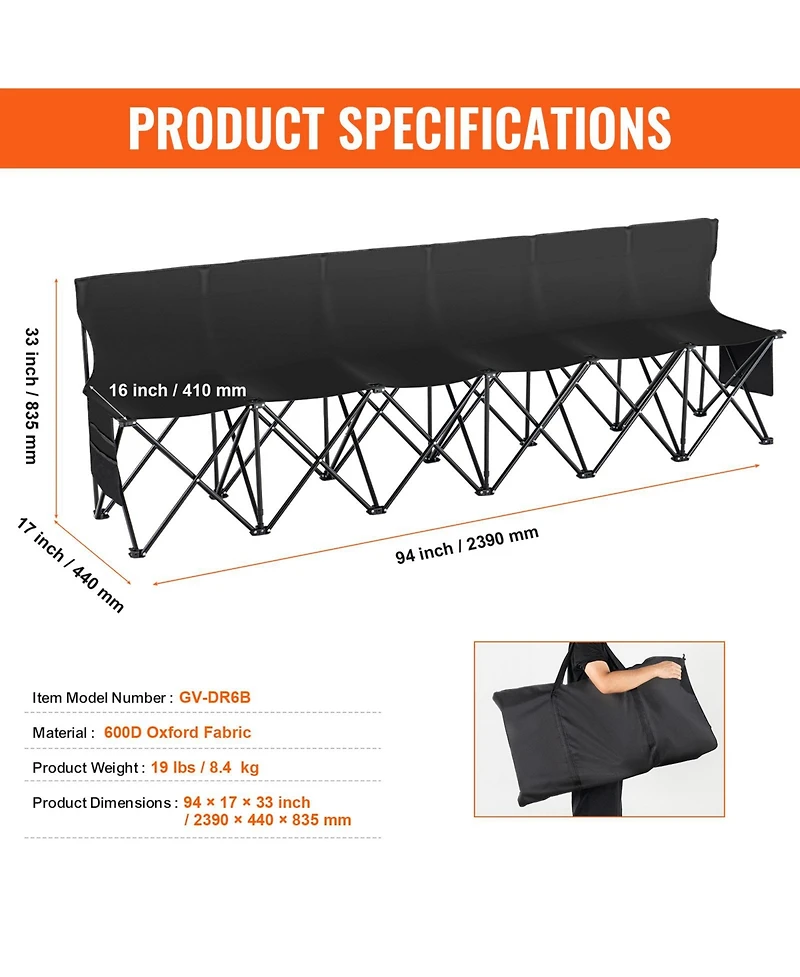 Vevor Folding Chair Sports 6 Seat Sideline Team Bench with Sidebag and Carry Bag