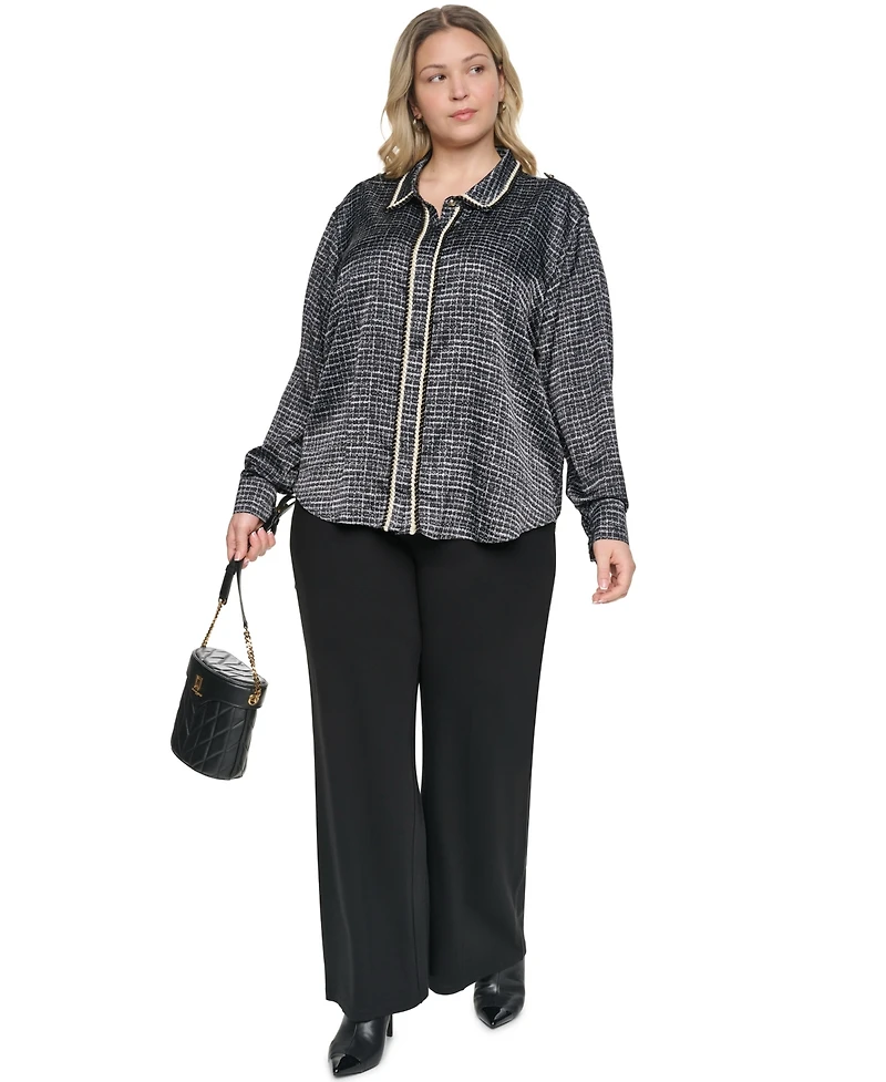 Karl Lagerfeld Paris Plus Tweed Print Collared Long-Sleeve Top