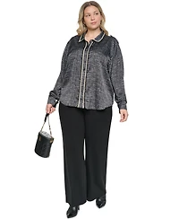 Karl Lagerfeld Paris Plus Tweed Print Collared Long-Sleeve Top