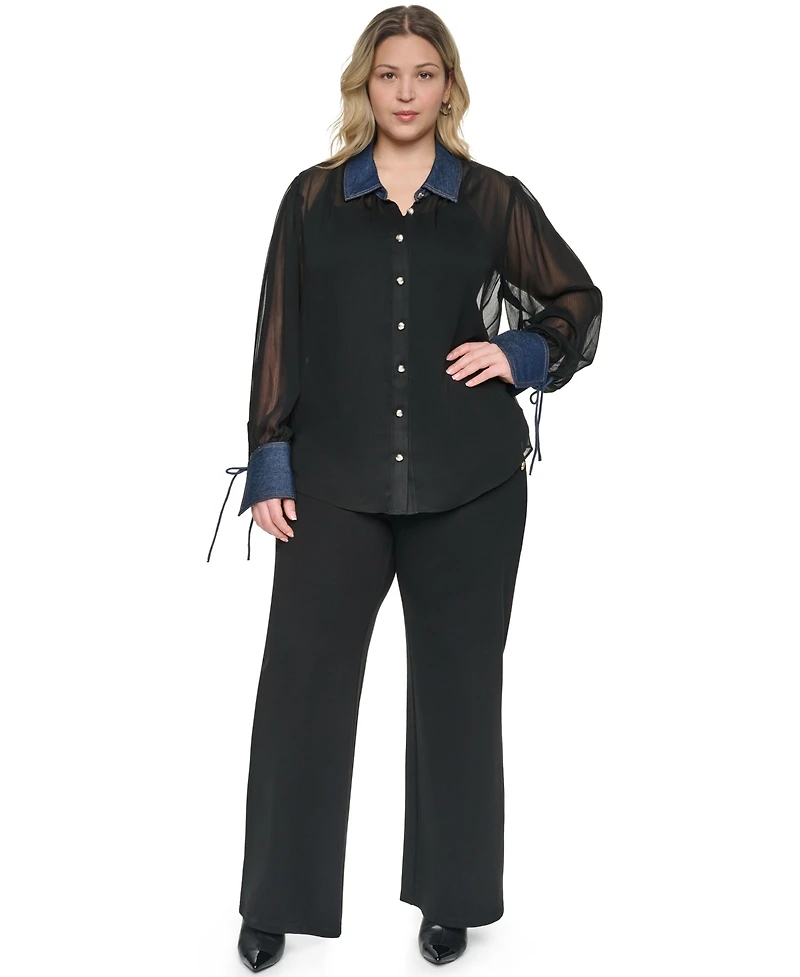 Karl Lagerfeld Paris Plus Mixed Media Collared Button-Front Top