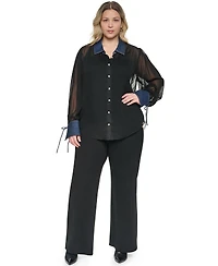 Karl Lagerfeld Paris Plus Mixed Media Collared Button-Front Top