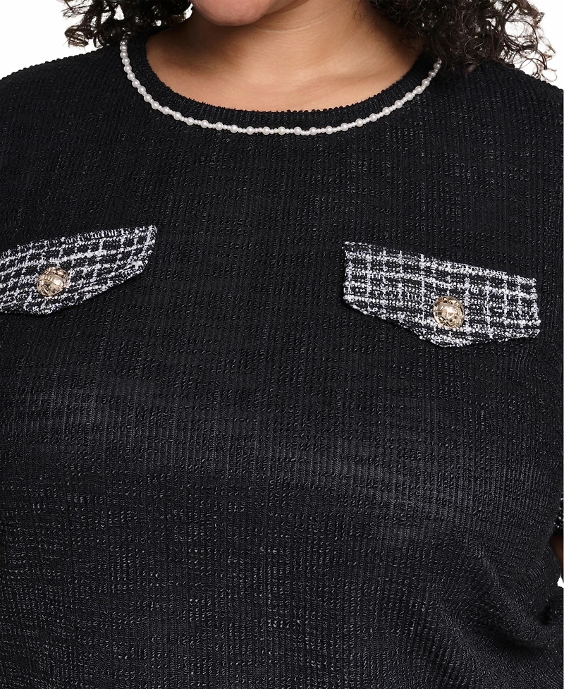 Karl Lagerfeld Paris Plus Tweed Knit Short-Sleeve Top
