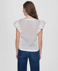 Dkny Jeans Women's Baby Chenille Pointelle Rib Flutter-Sleeve Sweater