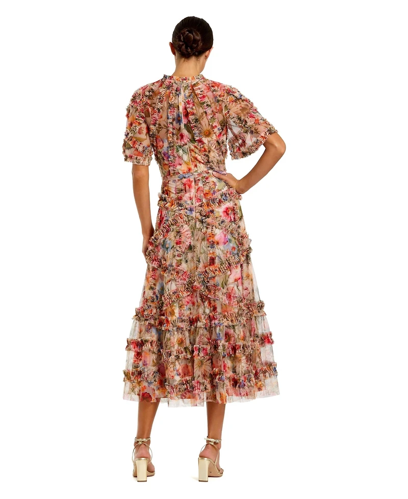 Mac Duggal Women's Floral Flutter Sleeve Mesh Print Dress