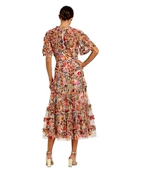 Mac Duggal Women's Floral Flutter Sleeve Mesh Print Dress