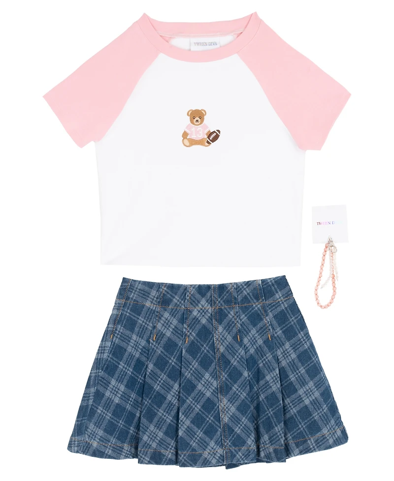 Tween Diva Girls' 7-12 Bear Graphic Raglan Sleeve T-Shirt, Plaid Skort and Bracelet, 3-Piece Set