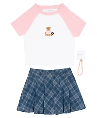 Tween Diva Girls' 7-12 Bear Graphic Raglan Sleeve T-Shirt, Plaid Skort and Bracelet, 3-Piece Set