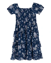 Rare Editions Girls' 4T-6X Printed Lurex Chiffon Puff Sleeve Tiered Midi Dress