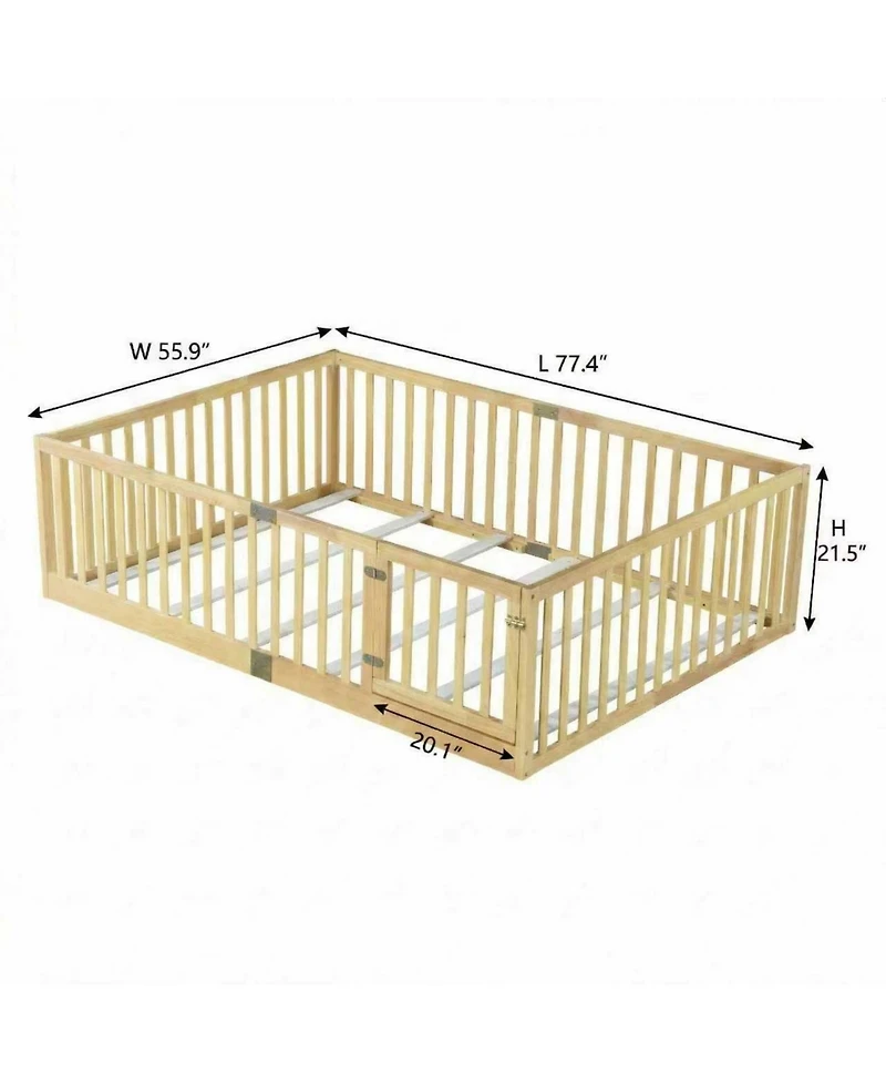 Clihome Floor Bed with High Fence Railings, with Door,6 Slats Included