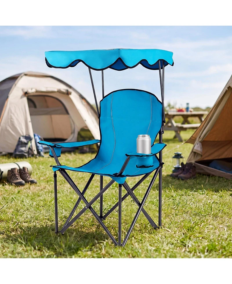 Gymax Folding Camping Chair with Canopy Cup Holder Ergonomic Armrest Solid Steel Frame