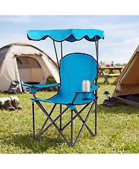 Gymax Folding Camping Chair with Canopy Cup Holder Ergonomic Armrest Solid Steel Frame