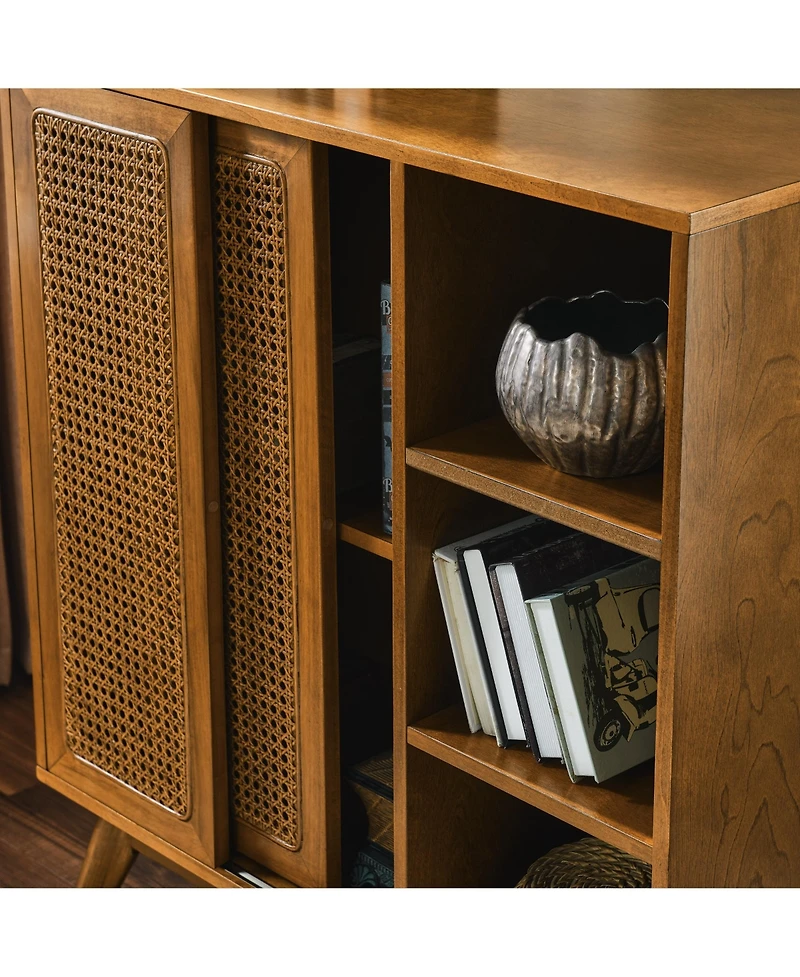 Flynama Mid Century Rattan Sideboard Cabinet with Adjustable Shelves and Wood Legs Light Wood