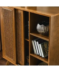 Flynama Mid Century Rattan Sideboard Cabinet with Adjustable Shelves and Wood Legs Light Wood