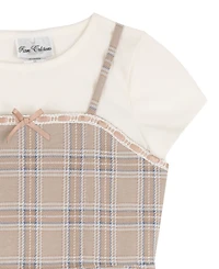 Rare Editions Girls' 7-16 Short-Sleeve T-Shirt and Plaid Woven Overlap Skirt Romper, 2-Piece Set