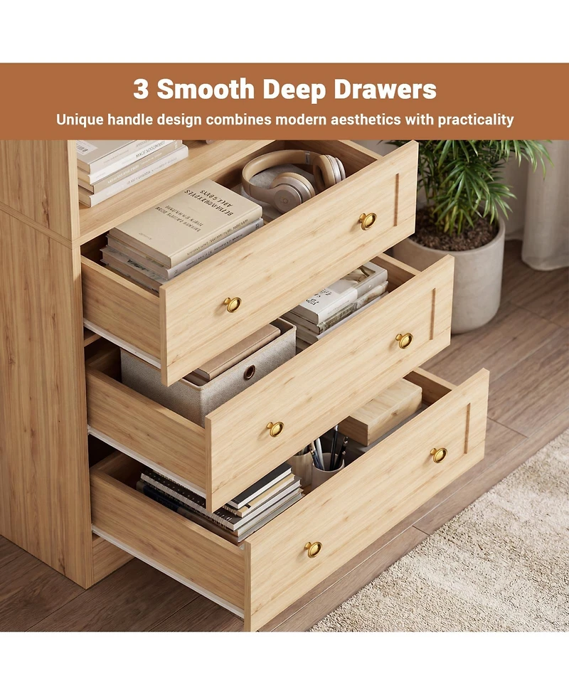 Aheaplus 80" Storage Cabinet with 3 Drawers and Open Shelves, Wooden Bookcase