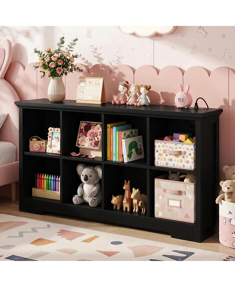 Aheaplus 8-Cube Bookshelf with Charging Station, Bin Storage Organizer