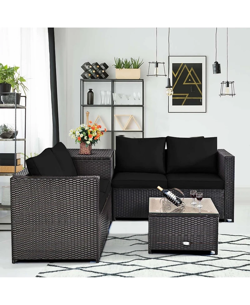 Costway 4 Piece Outdoor Patio Rattan Furniture Set Cushioned Loveseat Storage Table