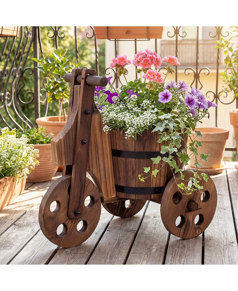 Costway Rustic Wood Tricycle Planter with Barrel Pot and Drainage for Patio