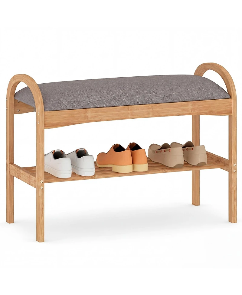Slickblue Wicker Shoe Bench with Cushion Seat and 2-Level Storage Shelf for Entryway