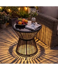 Gymax 2 piece Outdoor Side Table With Led Warm Light Pe Rattan Hourglass-Shaped End Table