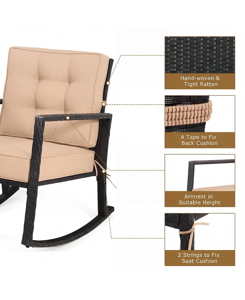 Gymax Patio Rattan Rocker Chair Glider Rocking Chair Cushion Lawn Outdoor