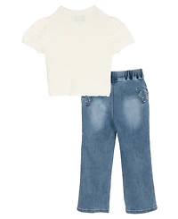 Rare Editions Girls' 2T-6X Crochet Knit Top and Bow Detail Rib Jeans, 2-Piece Set