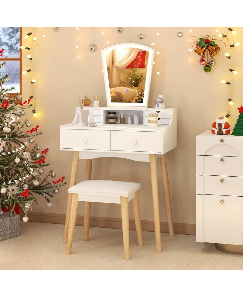 Costway Vanity Desk Set with Lighted Mirror 3-Color Adjustable Led Lights Drawers