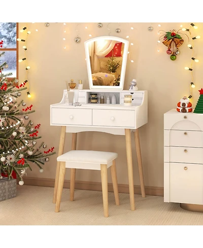 Costway Vanity Desk Set with Lighted Mirror 3-Color Adjustable Led Lights Drawers
