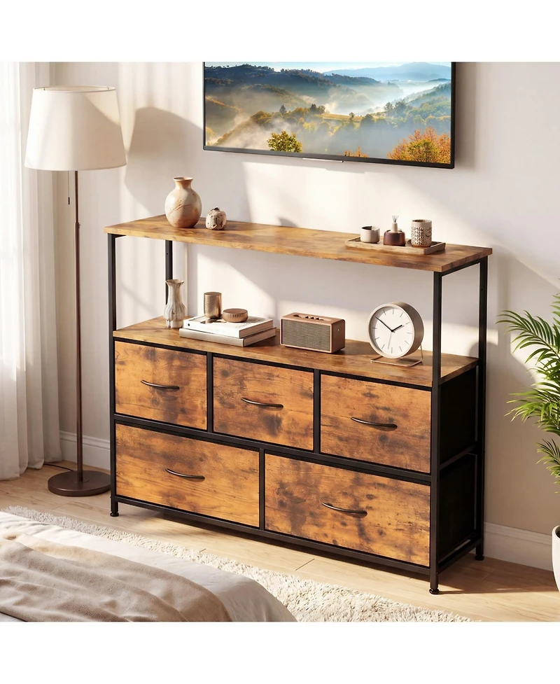 Slickblue Modern Tv Stand Dresser with 5 Fabric Drawer Storage
