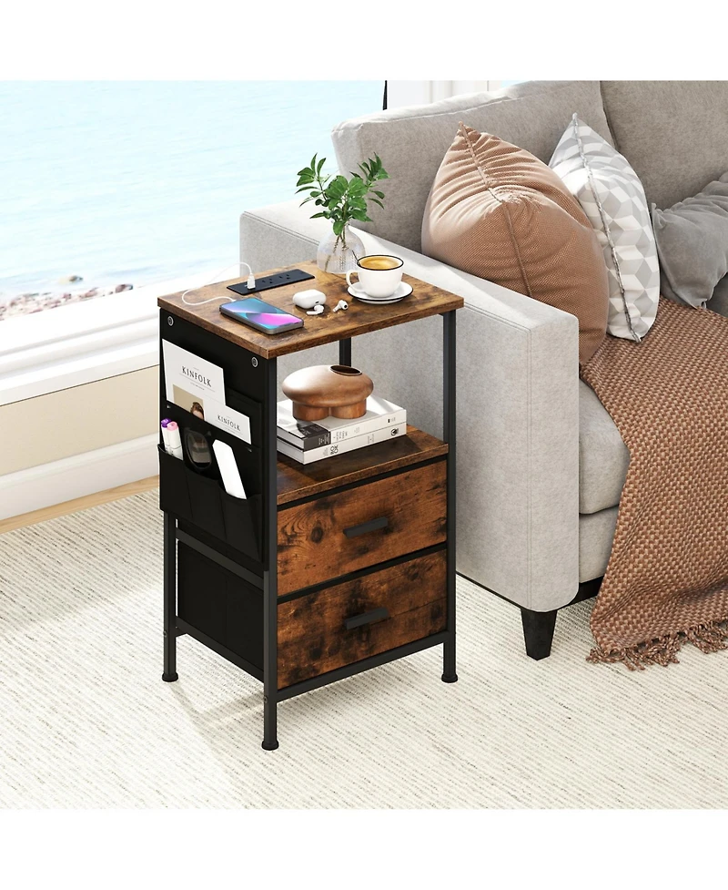 Slickblue Nightstand End Table with Charging Station and Fabric Drawers