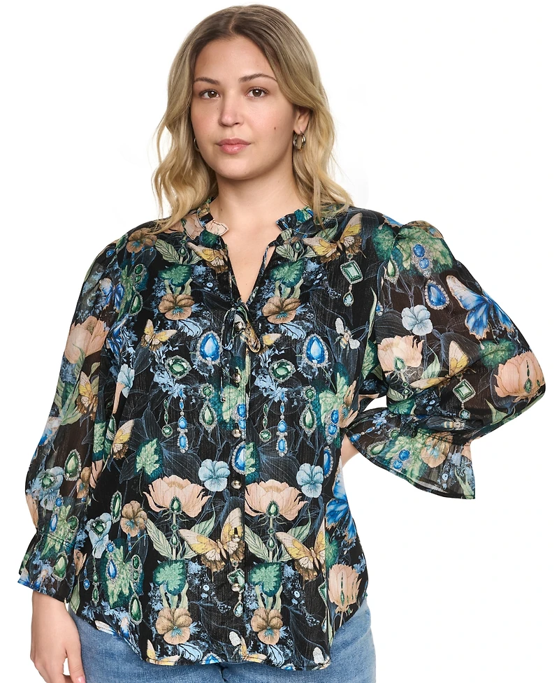 Karl Lagerfeld Paris Plus Size Printed Collared Long-Sleeve Top