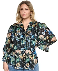 Karl Lagerfeld Paris Plus Size Printed Collared Long-Sleeve Top