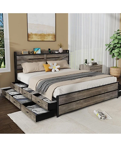 Streamdale Furniture Bed Frame with Storage Headboard and 12 Drawers No Box Spring Needed
