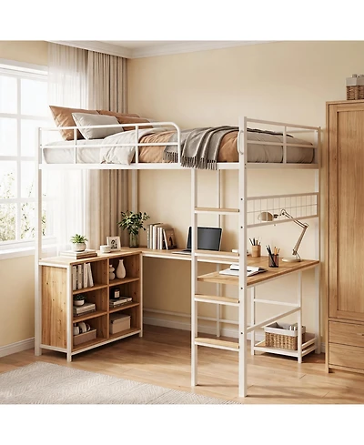 homfan Loft Bed with Metal Frame Large Desk Surface, Open Baskets, Pc Stand, Elevated, Durable, Sturdy, Compact Bed for Rooms