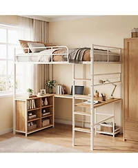 homfan Loft Bed with Metal Frame Large Desk Surface, Open Baskets, Pc Stand, Elevated, Durable, Sturdy, Compact Bed for Rooms