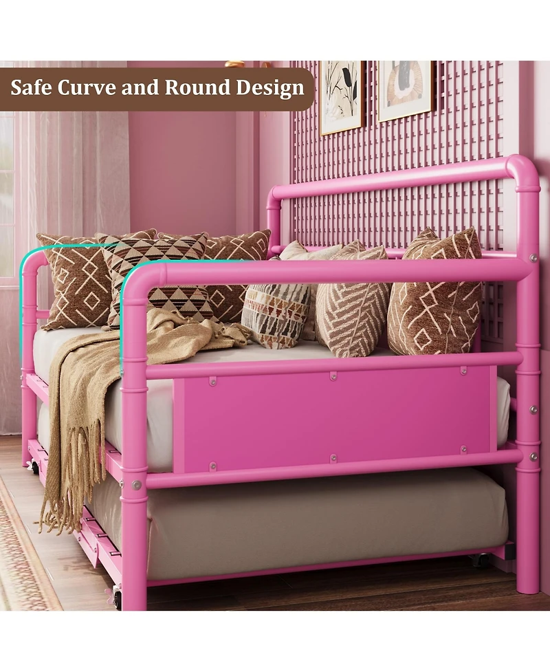 homfan Twin Daybed with Trundle, Metal Daybed with Pop Up Trundle and Steel Slats for Bedroom or Guest Room