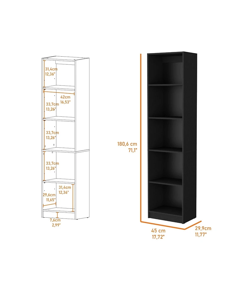 Fm Furniture Sutton Slim Bookcase with Modern 5-Shelf Design
