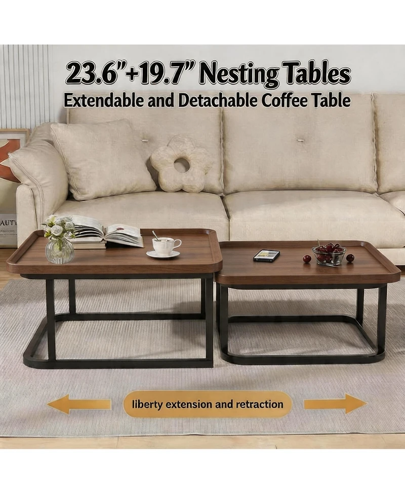 homfan Coffee Table Set of 2, Square Small Tables for Living Room, Bedroom, Balcony, Space Saving Mid Century Modern Nesting