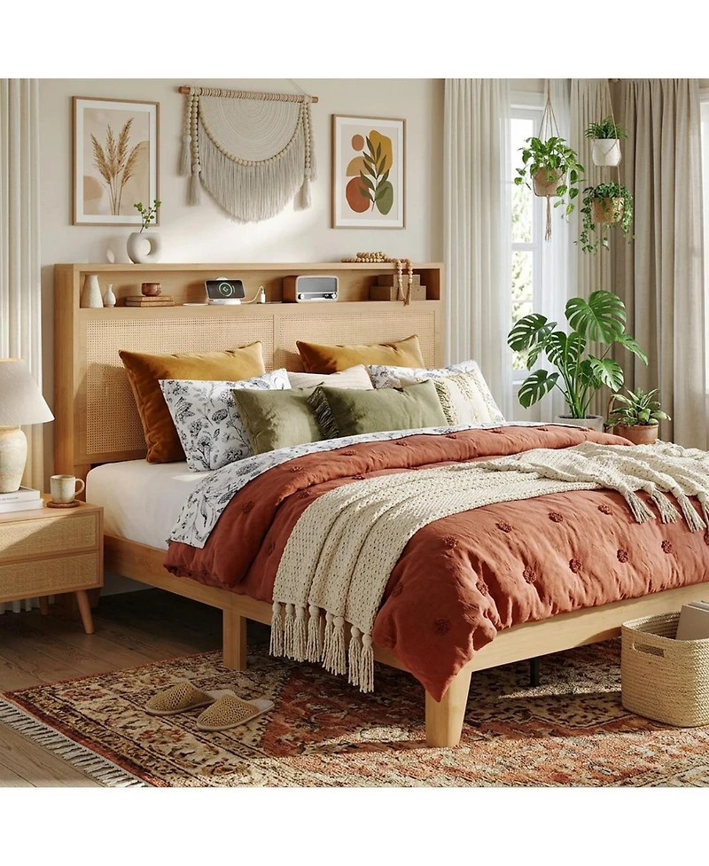 gaomon Rattan Queen Size Bed Frame with Led Lights, Boho Wood Bed Frame with Storage Headboard & Charging Station, No Box Spring Needed