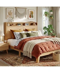 gaomon Rattan Queen Size Bed Frame with Led Lights, Boho Wood Bed Frame with Storage Headboard & Charging Station, No Box Spring Needed