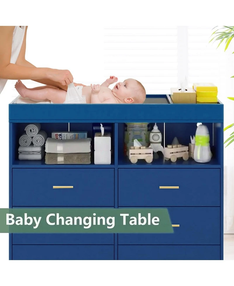 gaomon Baby Changing Table Dresser with 6 Drawers, Led Light, Charging Station and Power Outlet, Nursery Storage Organizer Pad