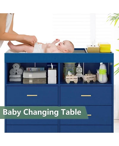gaomon Baby Changing Table Dresser with 6 Drawers, Led Light, Charging Station and Power Outlet, Nursery Storage Organizer Pad