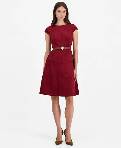 Anne Klein Petite Heritage A-Line Boat Neck Belted Suede Dress