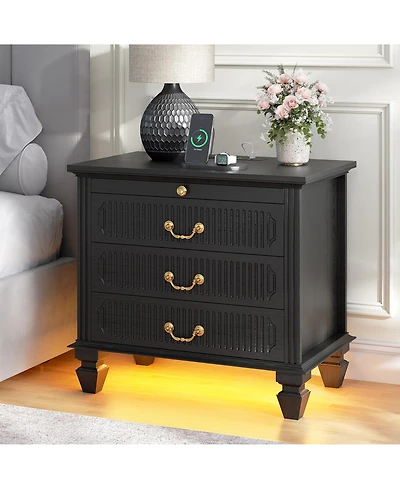 Vlsrka 25.6" Solid Wood Nightstand with 4 Drawers, Charging Station and Led Light