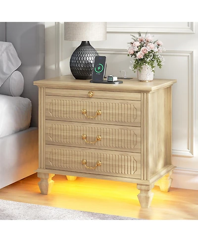 Vlsrka 25.6" Solid Wood Nightstand with 4 Drawers, Charging Station and Led Light
