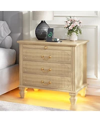 Vlsrka 25.6" Solid Wood Nightstand with 4 Drawers, Charging Station and Led Light