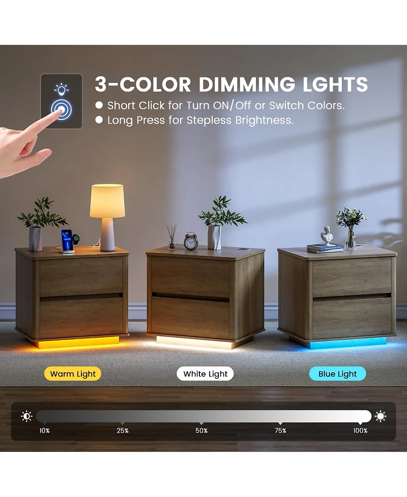 Vlsrka Modern Wooden Nightstand with Motion Sensor Light and 2 Drawers