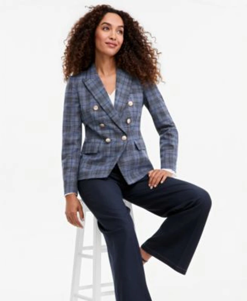 Tahari Asl Womens Plaid Double Breasted Blazer V Neck Ruffle Front Long Sleeve Blouse Wide Leg Mid Rise Denim Pants